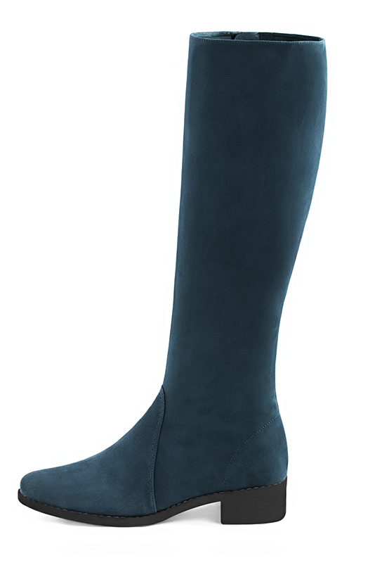 Peacock blue women's riding knee-high boots. Round toe. Low leather soles. Made to measure. Profile view - Florence KOOIJMAN